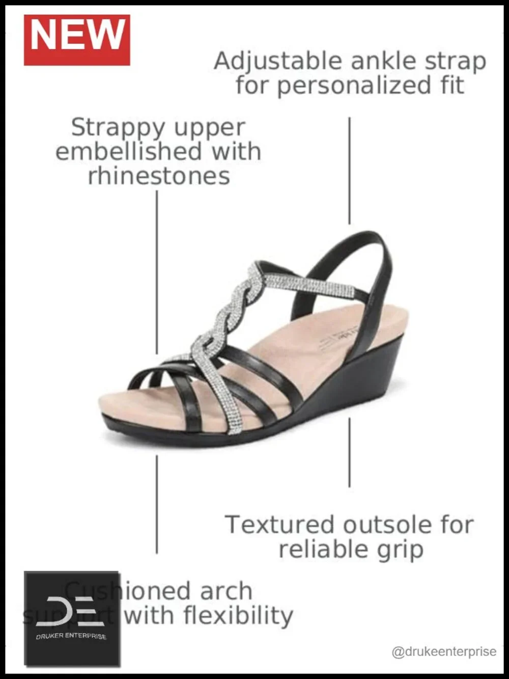 Rhinestone Strappy Wedge Sandals for Women - Soft System Comfort, Slip-On